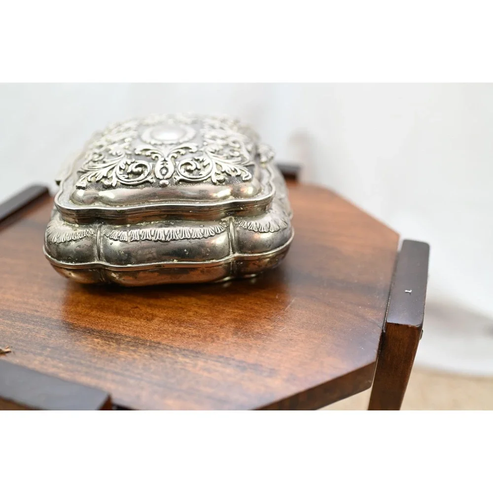 Vintage Silver Plated Jewelry Box Red Velvet Lined Ornate Repousse Floral Box